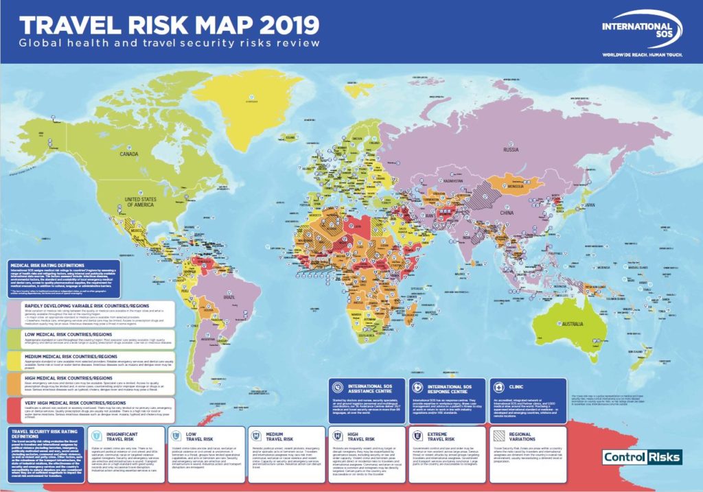 Da International SOS E Control Risks La Travel Risk Map 2019   Travel Risk Map 2019 Bigger 1024x717 